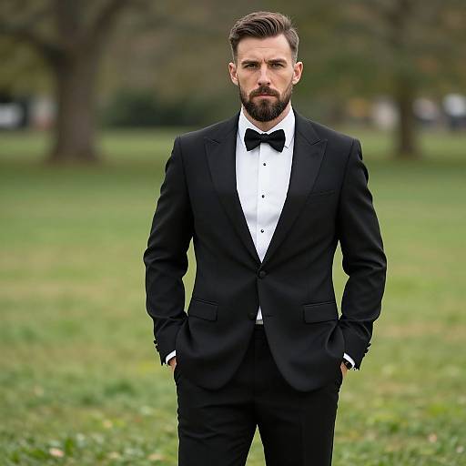 Man in Elegant Black Tuxedo with Bow Tie Outdoors