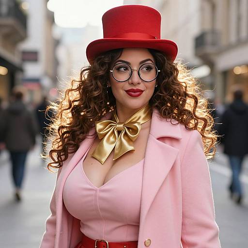 Stylish Woman in Red Top Hat and Pink Coat on City Street