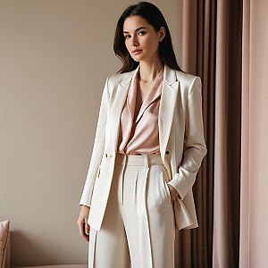 Elegant Woman in Cream Suit and Blush Pink Blouse Indoor Portrait