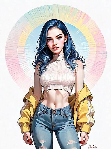 Realistic Full-Body Portrait of Woman with Blue Hair in Casual Outfit