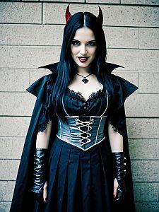 Confident Woman in Gothic Outfit with Devil Horns