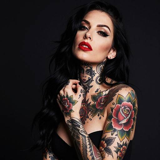 Stylish Woman with Colorful Floral Tattoos and Bold Makeup