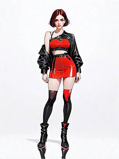 Stylish Woman in Red and Black Modern Outfit Full Body Comic-Realistic Illustration