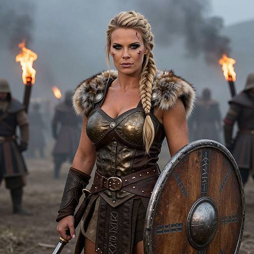 Viking Warrior Woman in Leather Armor with Shield and Braided Hair