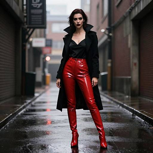 Woman in Red Patent Leather Pants and Black Coat Standing in Urban Alley