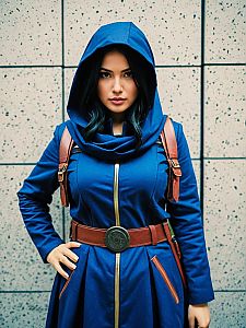 Realistic Ana Amari Cosplay Woman in Blue Hooded Costume