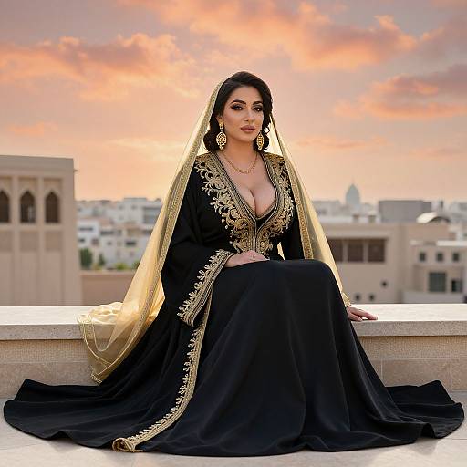 Elegant Woman in Traditional Black and Gold Abaya at Sunset