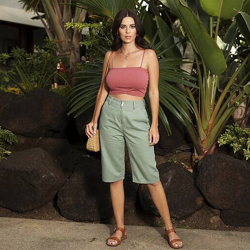 Slim Woman in Casual Summer Chic Outfit Dusty Rose Crop Top and Green Bermuda Shorts