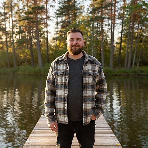 Man Standing on Wooden Dock by Lake Surrounded by Pine Trees
