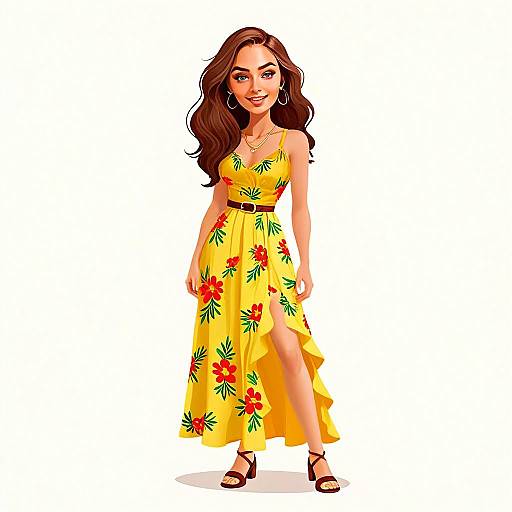 Bohemian Summer Woman in Yellow Floral Dress Digital Illustration