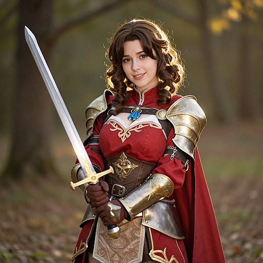 Medieval Fantasy Woman Warrior in Red Armor Holding Sword Outdoors