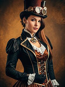 Woman in Steampunk Costume with Top Hat and Goggles Portrait