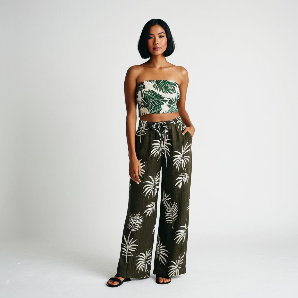 Fashionable Woman Wearing Tropical Print Strapless Crop Top and Wide-Leg Pants