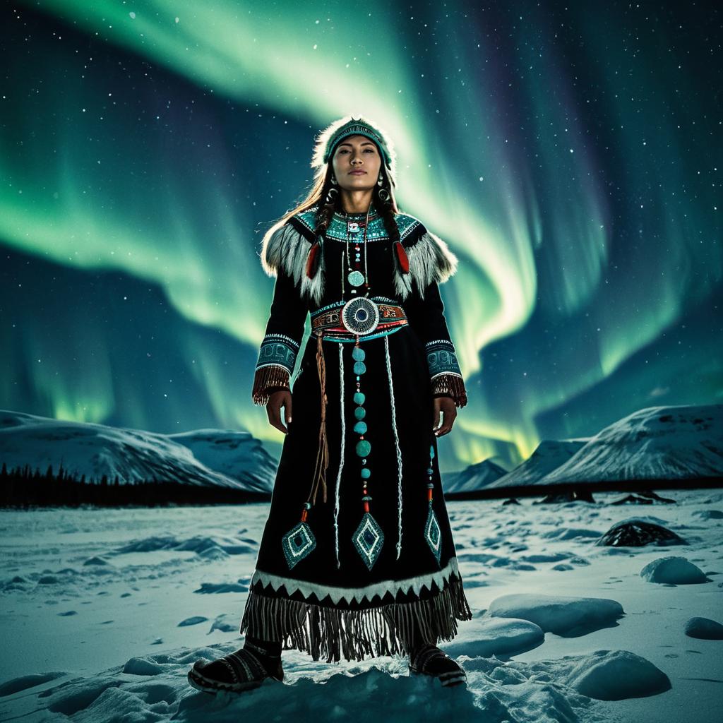 Woman in Indigenous Traditional Dress Under Northern Lights in Arctic Landscape