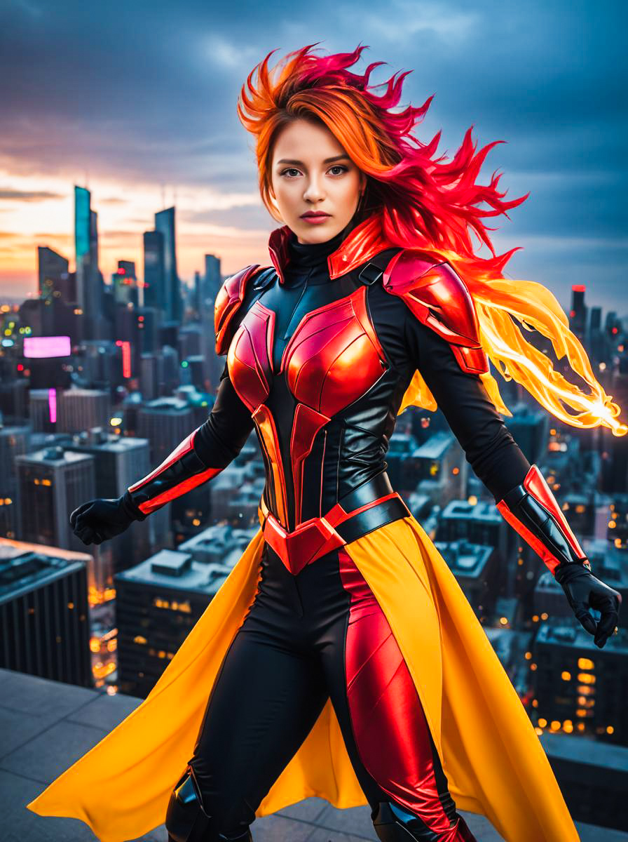 Powerful Female Superhero in Red and Gold Costume