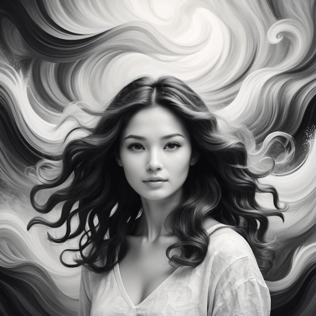 Serene Young Woman with Wavy Hair in Monochrome Background Serene Young Woman with Wavy Hair in Monochrome Background