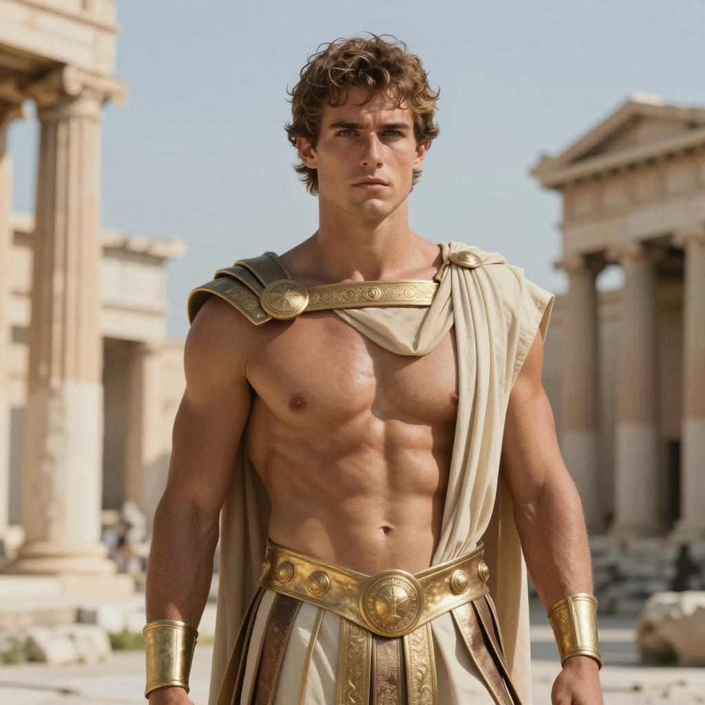 Ancient Greek Warrior Costume with Gold Armor and Classical Ruins Background