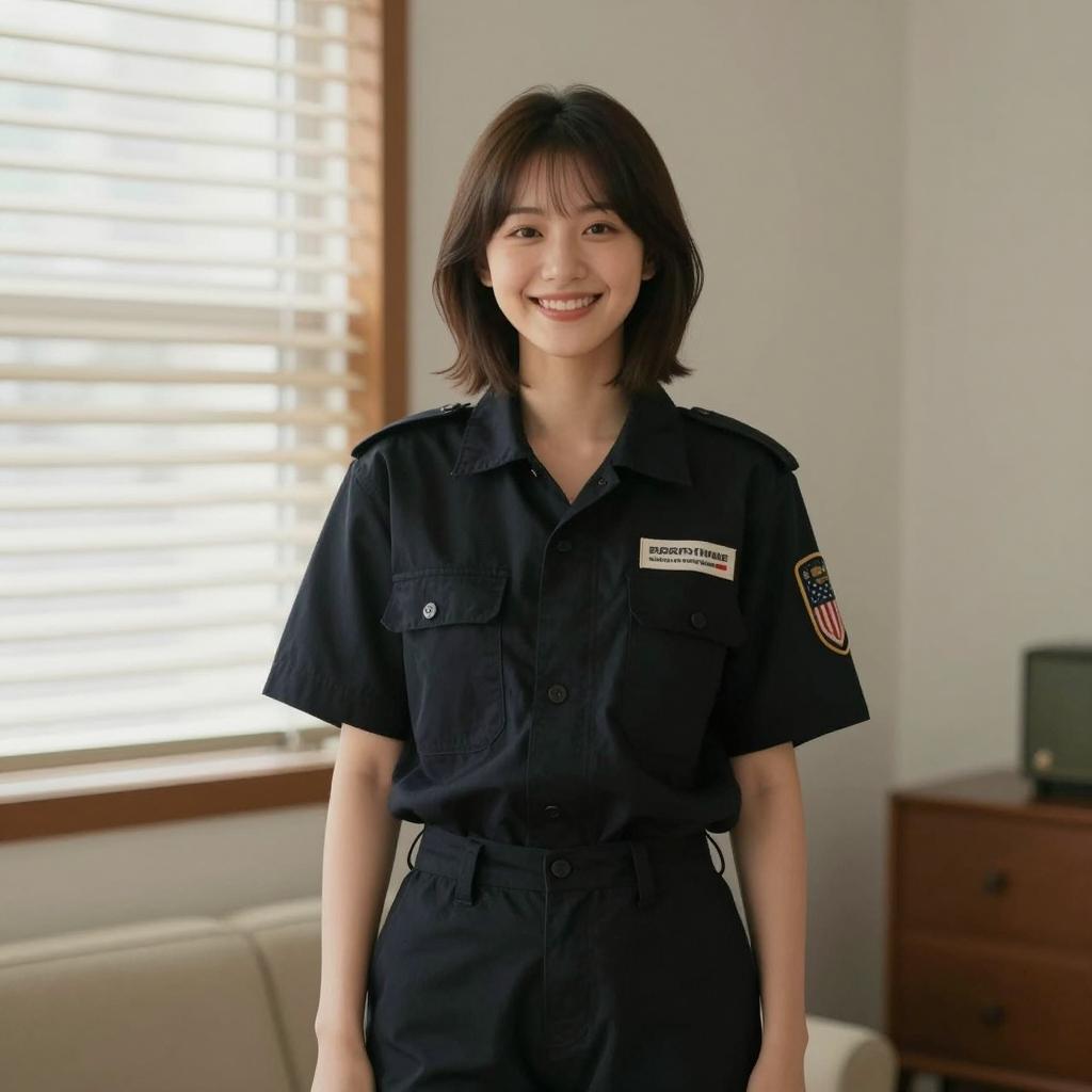 Smiling Woman in Navy Blue Uniform Indoors