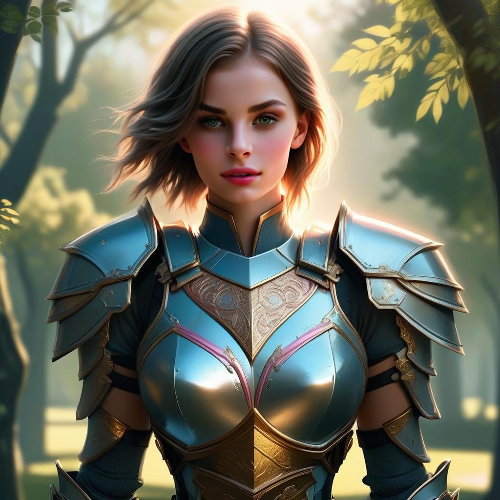 Confident Young Woman in Medieval Armor in Forest