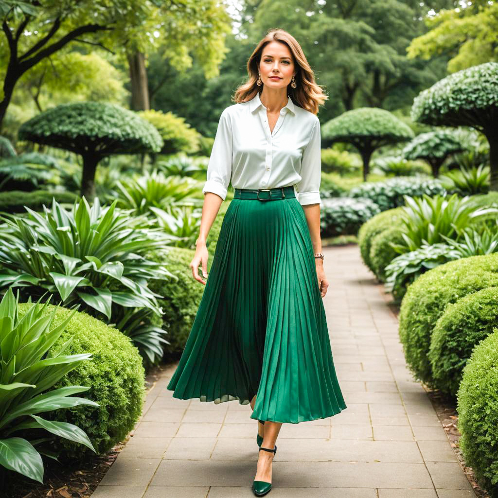 Elegant Woman in Garden - Stylish Green Skirt & White Blouse