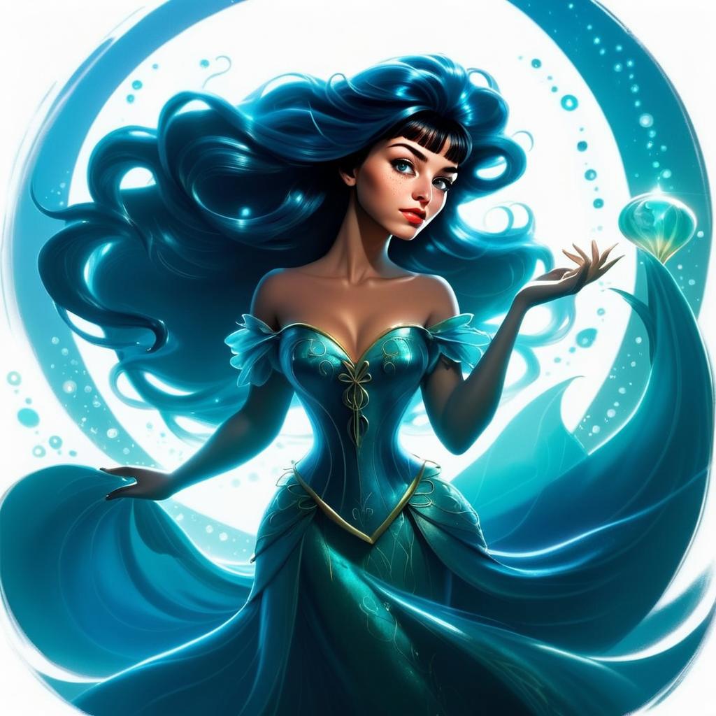 Fantasy Digital Illustration of Woman with Flowing Blue Hair in Teal Gown