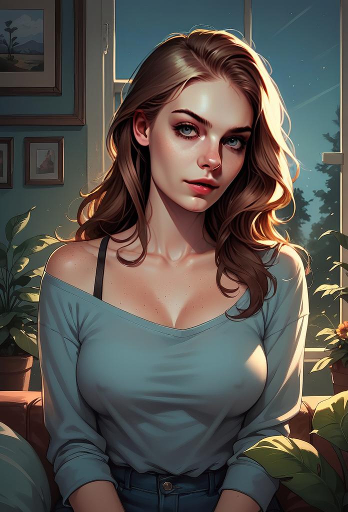 Young Woman in Casual Outfit by Window with Plants Young Woman in Casual Outfit by Window with Plants