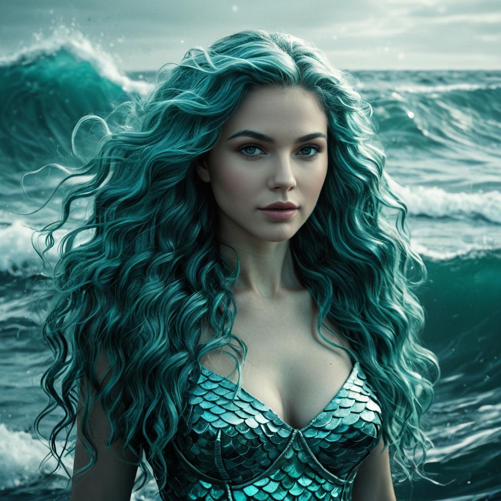 Realistic Mermaid Woman with Turquoise Hair and Scale Top by Ocean Waves