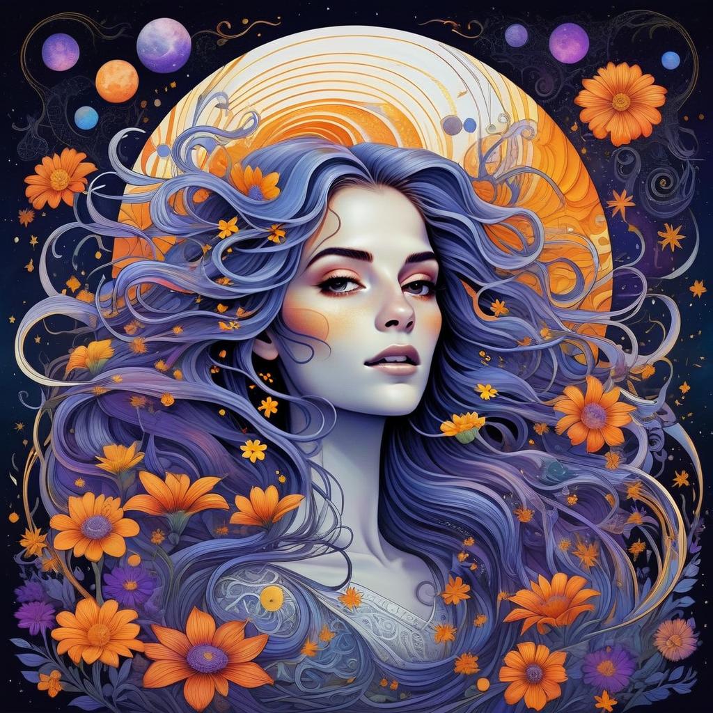 Surreal Digital Portrait of Woman with Lavender Hair and Orange Flowers in Cosmic Fantasy