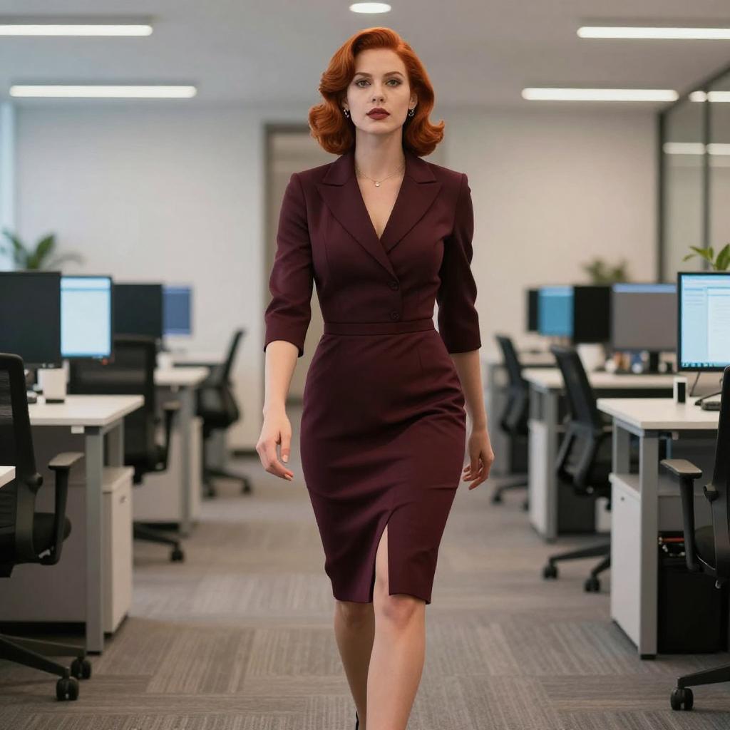 Confident Woman in Burgundy Dress Walking Through Modern Office