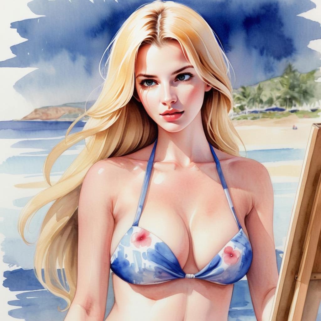 Young Woman in Floral Bikini at Beach