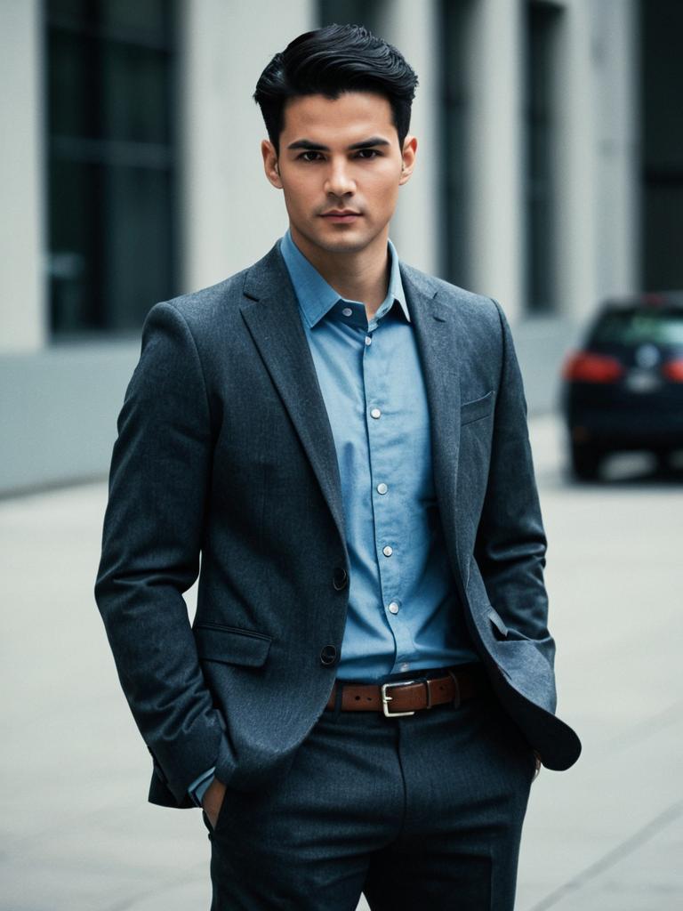 Modern Young Man in Dark Grey Suit and Blue Shirt Urban Fashion