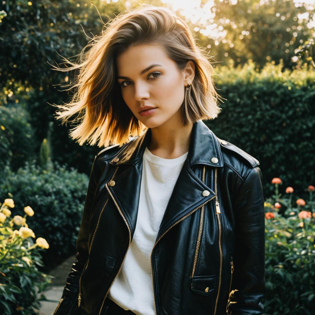 Young Woman in Black Leather Jacket Outdoor Portrait