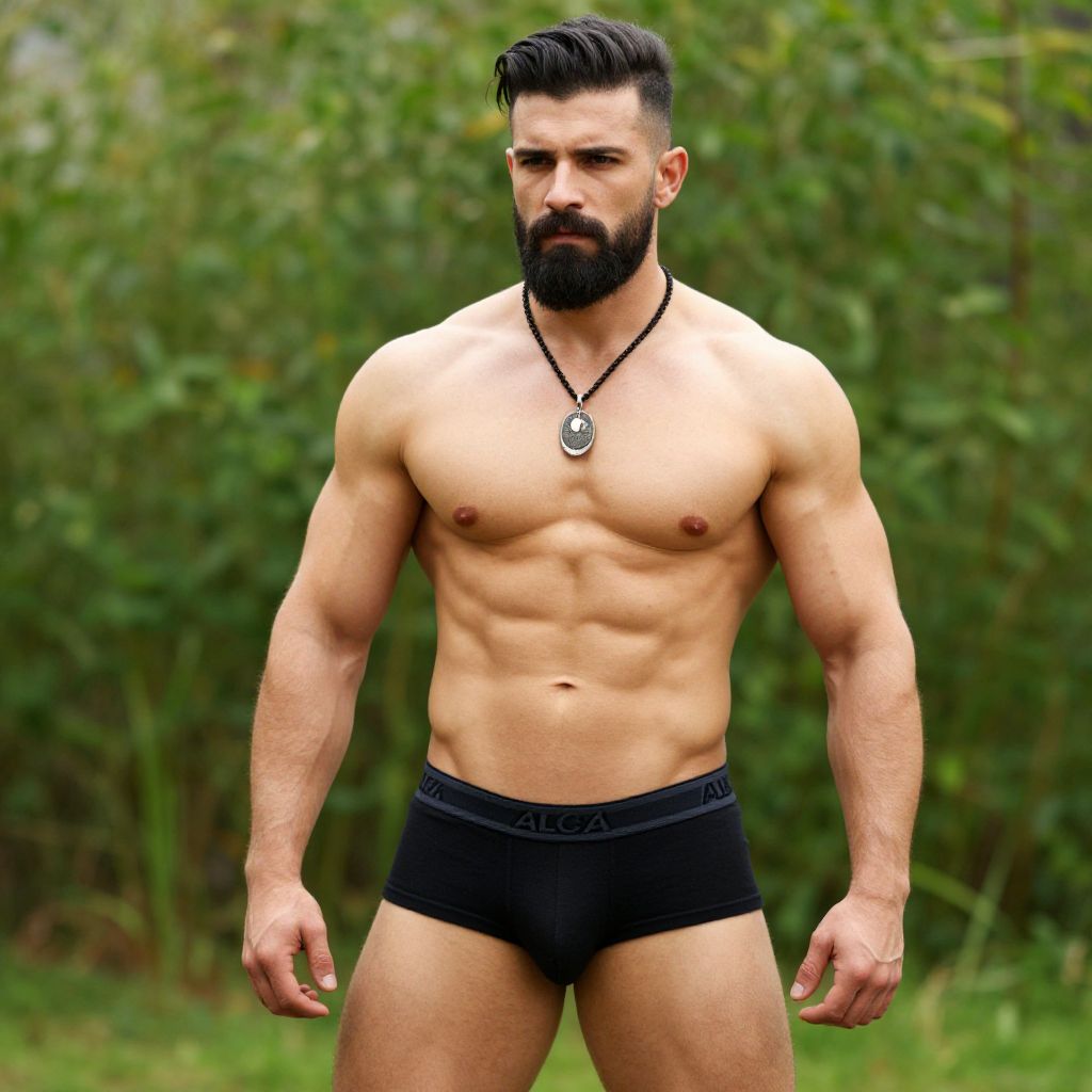 Muscular Man in Black Boxer Briefs Outdoors Showing Fit Physique