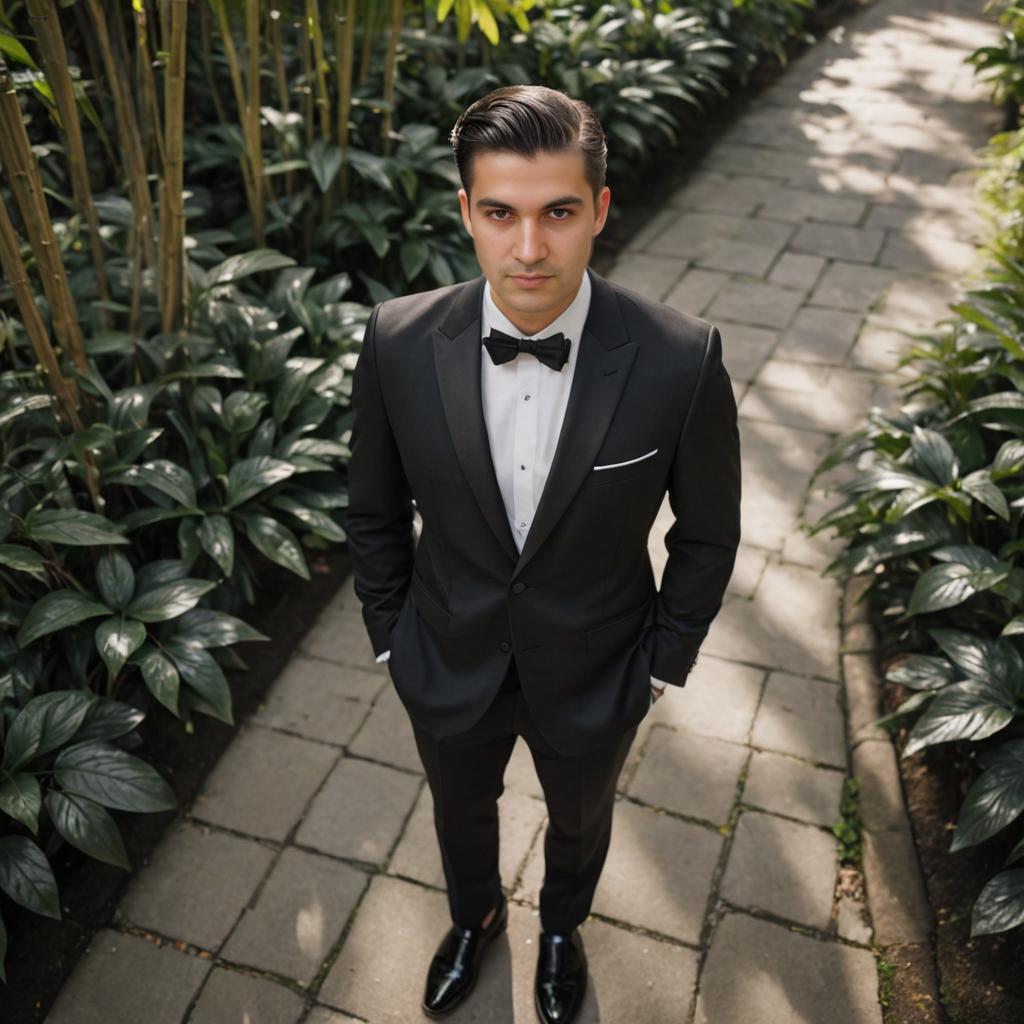 Sophisticated Man in Formal Suit Among Greenery