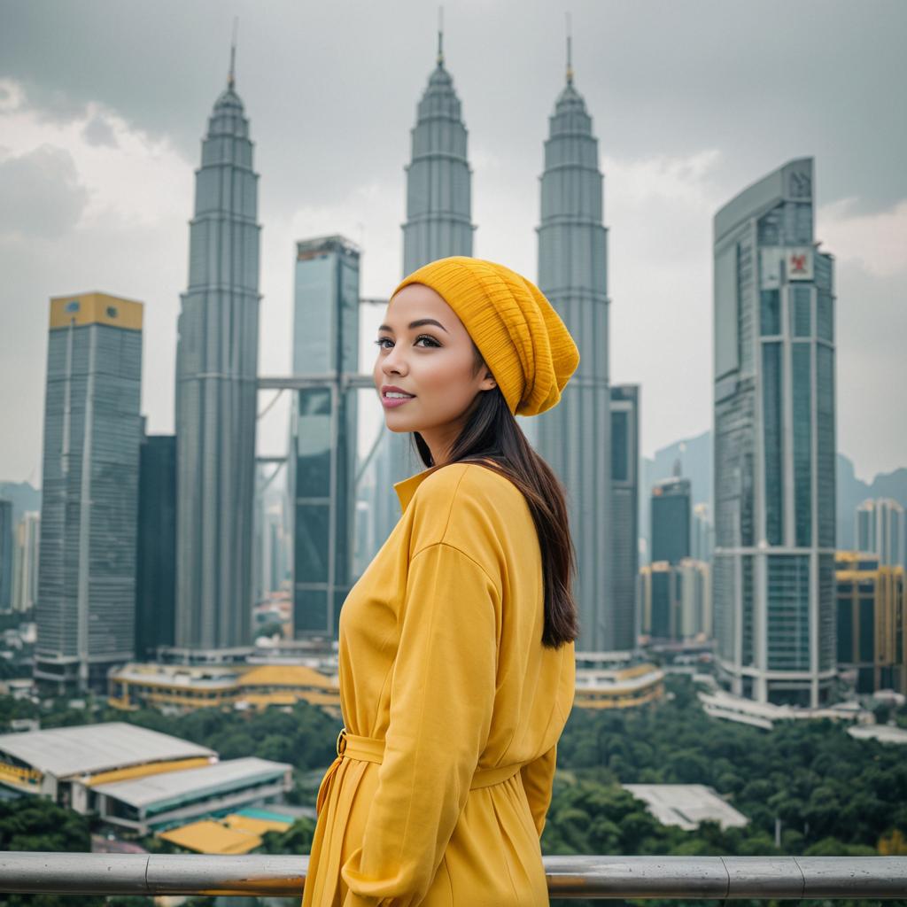 Stylish woman in yellow beanie and outfit with city skyline