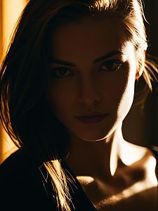 Dramatic Close-Up Portrait of Woman with Warm Side Lighting