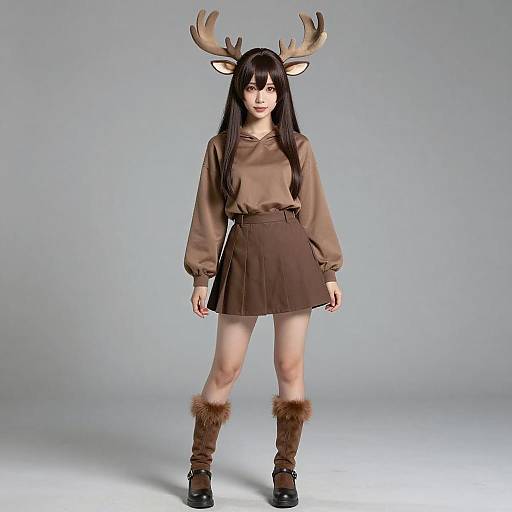 Moose Kemono Friends Cosplay Woman in Brown Autumn Outfit with Antlers