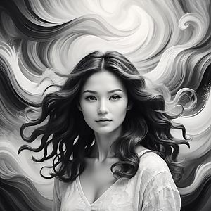 Serene Young Woman with Wavy Hair in Monochrome Background