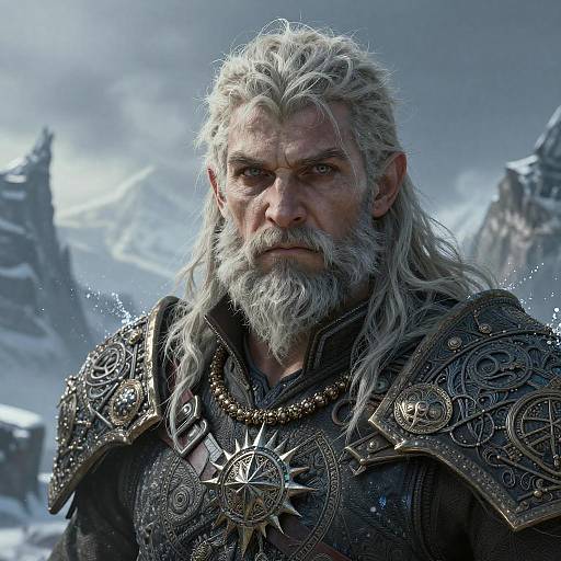 Epic Viking Warrior with White Hair in Snowy Mountain Landscape