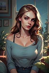 Young Woman in Casual Outfit by Window with Plants