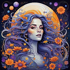 Surreal Digital Portrait of Woman with Lavender Hair and Orange Flowers in Cosmic Fantasy