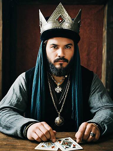 Medieval Fortune Teller Man Wearing Crown with Tarot Cards