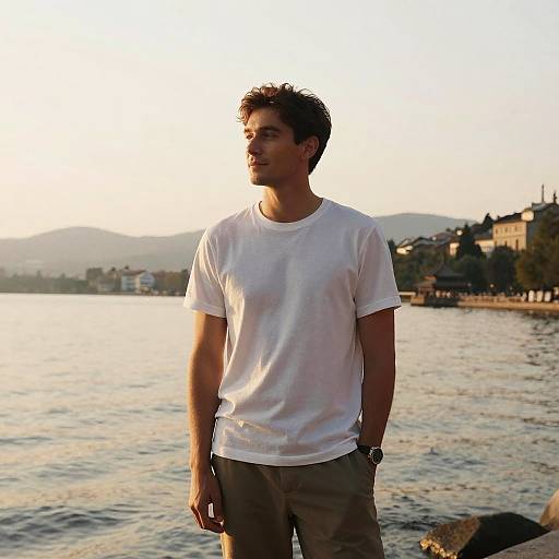 Casual Young Man by Waterfront at Sunset