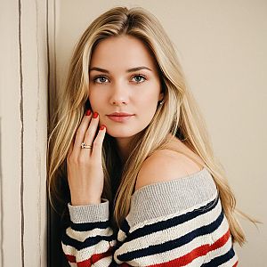 Young Woman in Cozy Striped Sweater