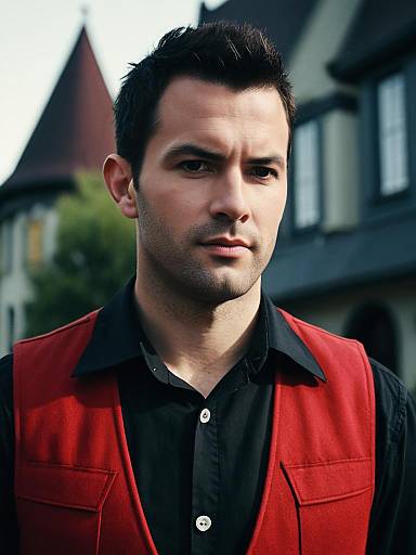 Focused Young Man with Pointed Ears Wearing Red Vest Outdoors Hotel Transylvania Style