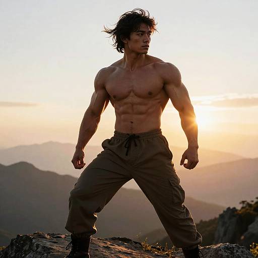 Muscular Man Standing on Mountain Peak at Sunset Fitness Outdoors