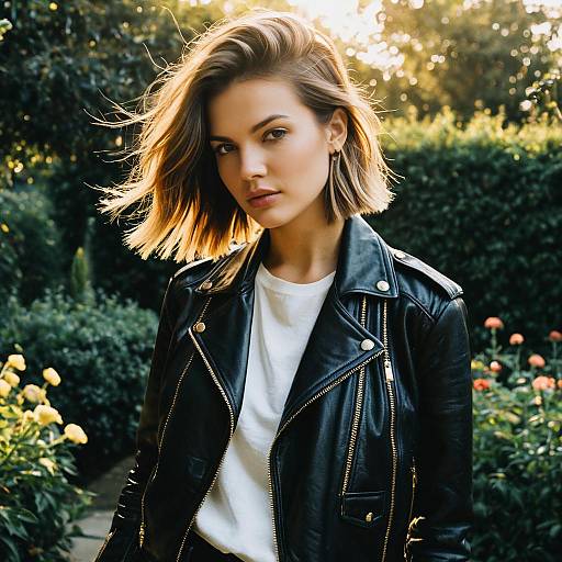 Young Woman in Black Leather Jacket Outdoor Portrait