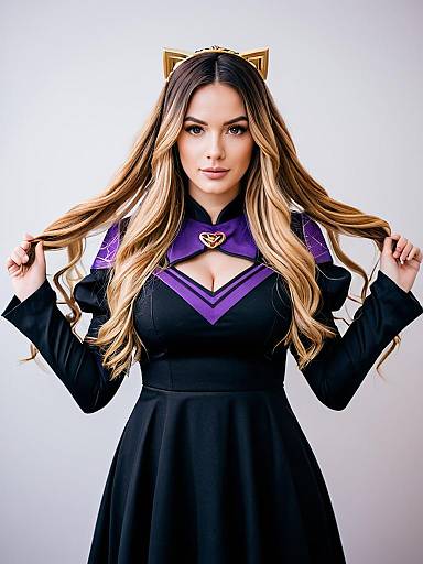 Woman in Anya Melfissa 1st Costume with Gold Cat Ears and Black Purple Dress