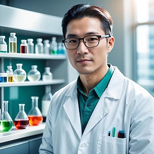 Male Scientist in Modern Laboratory with Colorful Chemicals