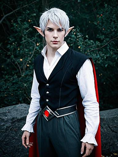 Astarion Elf Cosplay with White Hair and Red Cape